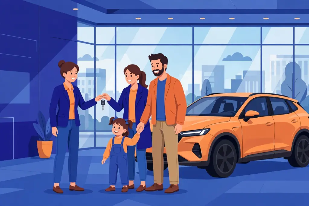 Car dealership showroom with a salesperson using dealer CRM software to manage test drives and bookings