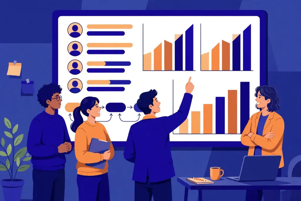 Illustration of the HubSpot CRM dashboard showing contacts, deals pipeline and email tools