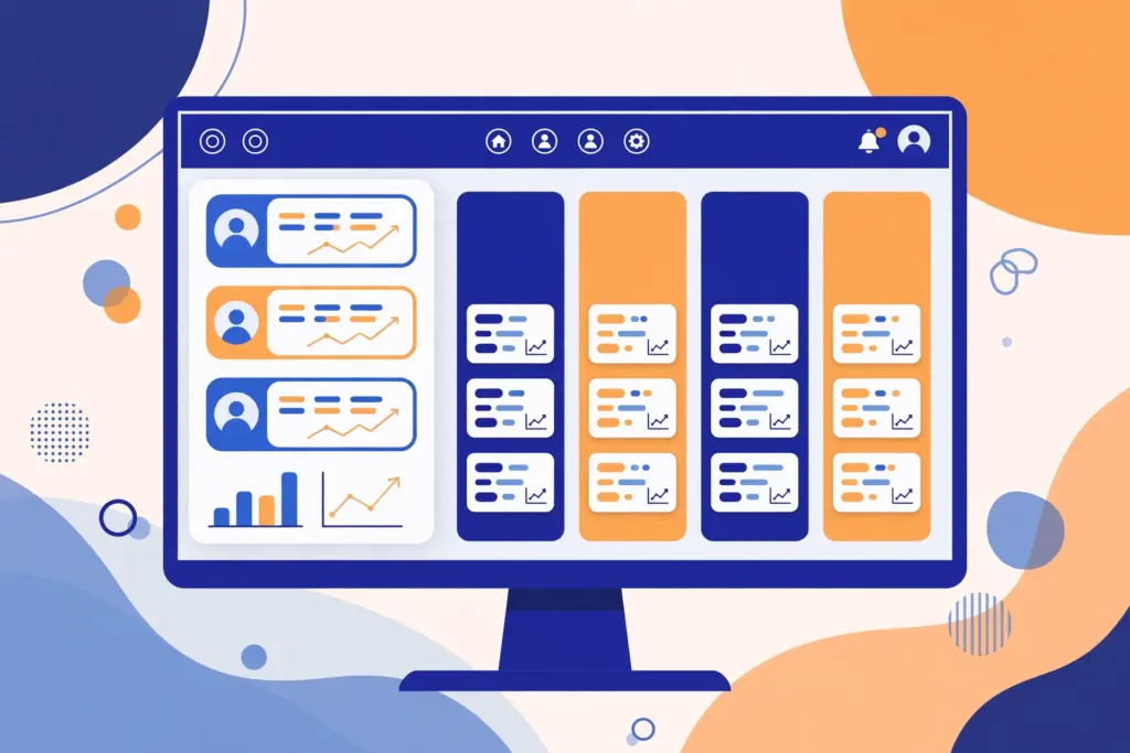 Illustration of a CRM software dashboard showing customer contacts, sales pipeline stages and follow-up reminders