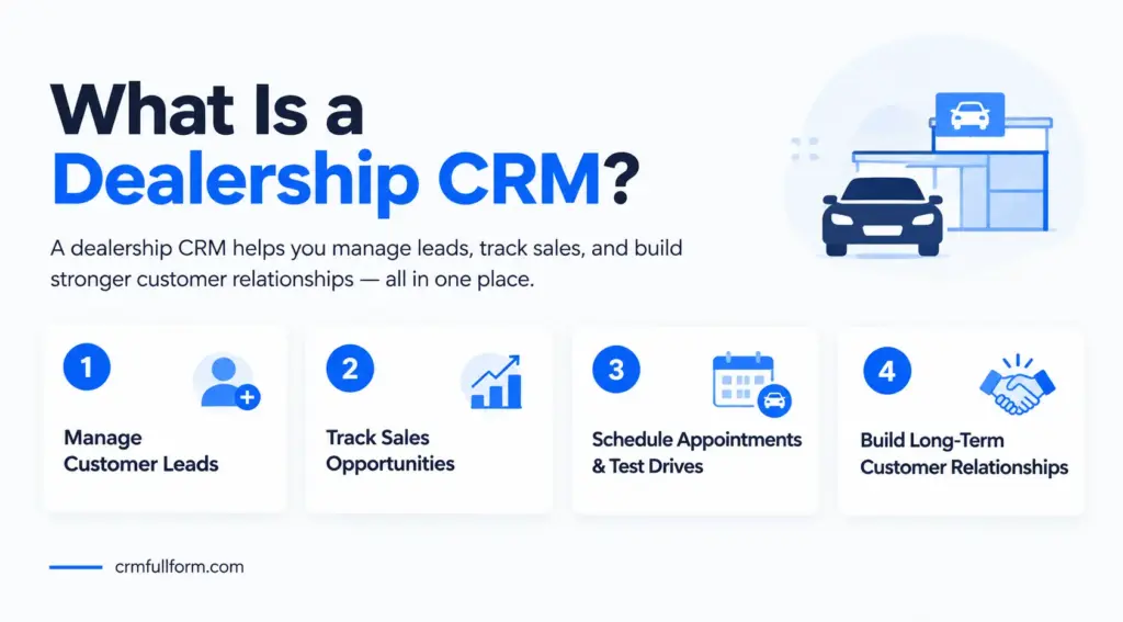 What is a dealership CRM? Illustration showing customer lead management, sales tracking, test drive scheduling, and customer relationship management.